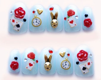 Alice in wonderland, fake nails, kawaii nails, 3D nails, false nail, bunny, rose, blue, Japanese nail