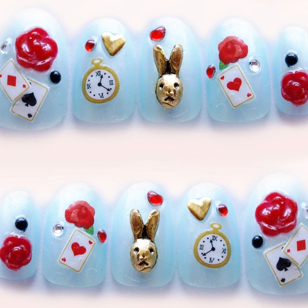 Alice in wonderland, fake nails, kawaii nails, 3D nails, false nail, bunny, rose, blue, Japanese nail