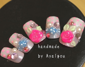 Nails, glue on nails, 3D nail, Japanese nail art, Harajuku, pop kei, sweet lolita, fairy kei, lolita accessory, kawaii nail, gyaru nail,