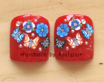 Red, gift for mom, Chinese new year, fake nails, red nail, floral, butterfly, Japanese nail art, kawaii nails, 3D nail, big toes,