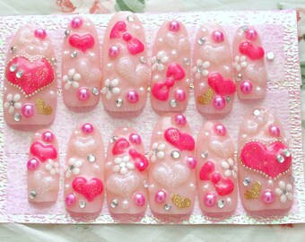 Kawaii nails, Gyaru, 3D nails, deco nails, long, pink, hearts, bows, flowers, gems, blingy, Japanese nail art