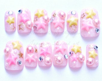 Holiday nail, Christmas nails, kawaii nail, Japanese 3D nail, pink, stars, pearl, fairy kei, sweet lolita, lolita accessory, pastel