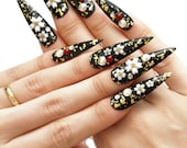 Stiletto nail, pointy nail, Japanese 3D nails, cherry blossom, black nail, deco nail, Harajuku, photo shoot, alternative fashion, drag queen
