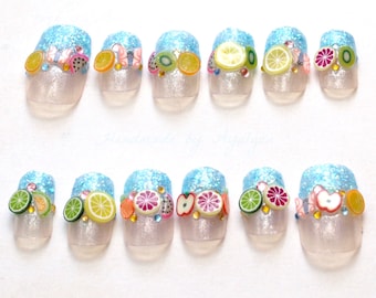 Kawaii nails, deco nails, fairy kei, sweet lolita, Japanese fashion, 3D nail art, aqua blue, glitter, fruits