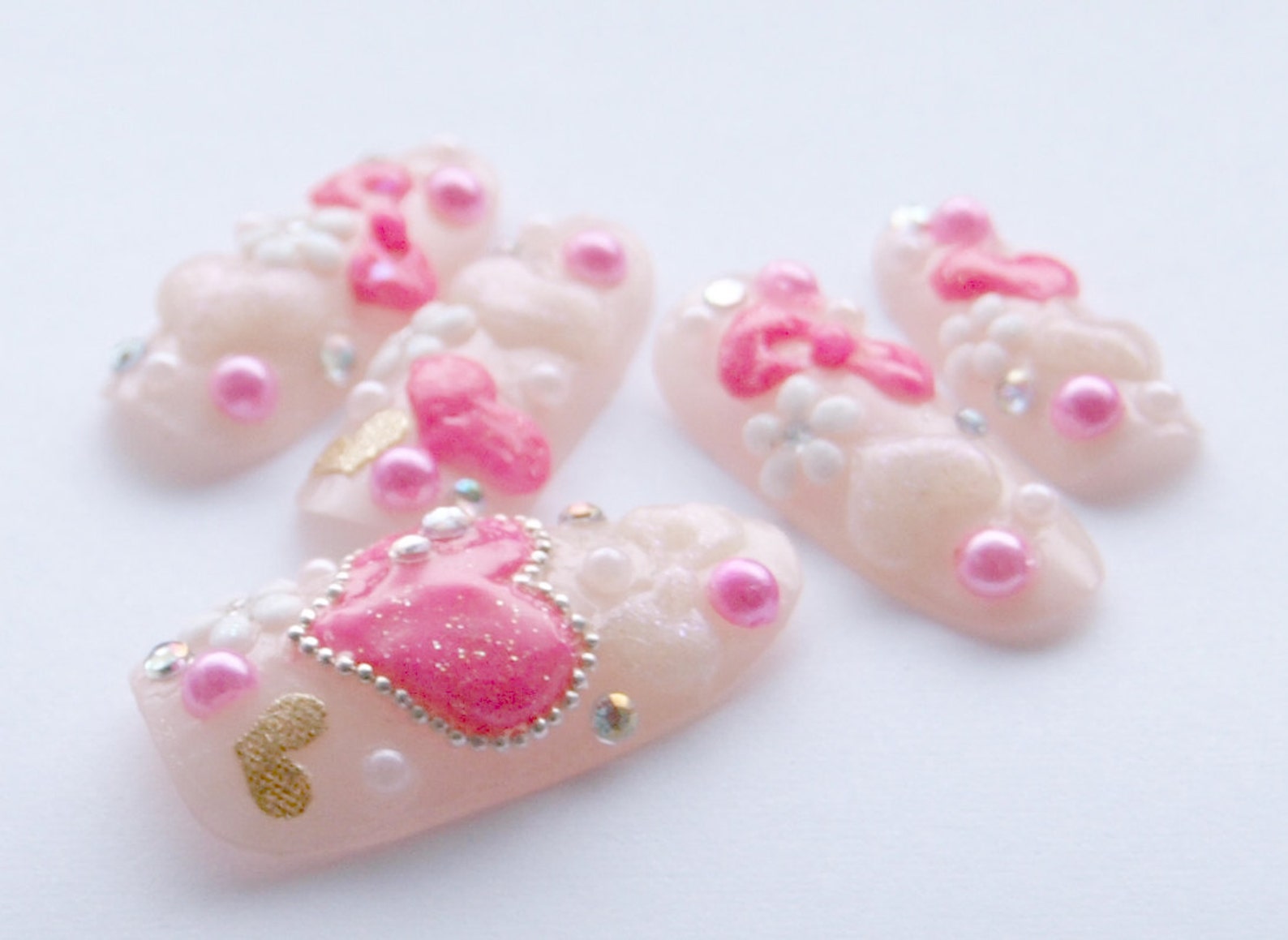 Kawaii Nails Gyaru 3D Nails Deco Nails Long Pink Hearts Etsy