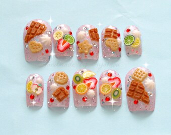 Fake sweets, deco nail, Japanese 3D nail, Japanese nail art, fruit, chocolate, cookie, glittery, press on nail, full cover nail, Harajuku