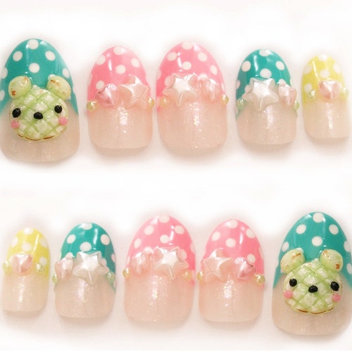 Melonpan, pop kei, fairy kei, pastel nails, 3D nails, false nails, press on nails, oval nails, polka dot nail, star nail, cute nails, ongles