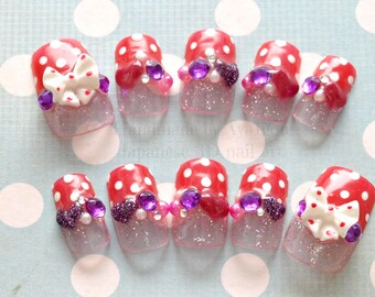 Nails, nail art, 3D nail, Harajuku, pop kei, decora, decoden, kawaii nail, deco nail, glitterly, red, polka dot, bow, Japanese 3D nail,