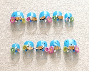 Aquarium nails, summer nail, fish, kiwi, tropical, vacation, glitter, aqua blue, sea, beach, nemo, kawaii, hawaiian, blue, Japanese 3D nail