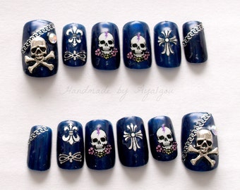 Nails, skull, goth, punk, navy, blue nail, cross, silver, pirate, nail art, Japanese nail, 3D nail, nails that don't damage your nails