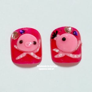 Kawaii nails, octopus, 3D nails, Japanese nails, glue on nail, acrylic nail, press on nail, red nail, toe nail, pedicure, squid, funny gift image 1