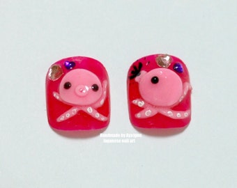 Kawaii nails, octopus, 3D nails, Japanese nails, glue on nail, acrylic nail, press on nail, red nail, toe nail, pedicure, squid, funny gift