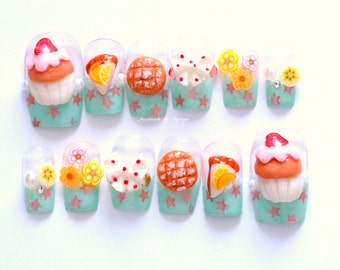 Pastel nail, kawaii nail, 3D nail, fake nail, press on nail, fairy kei nail, sweet lolita, melonpan, Japanese, food nail, cake, bow, star,