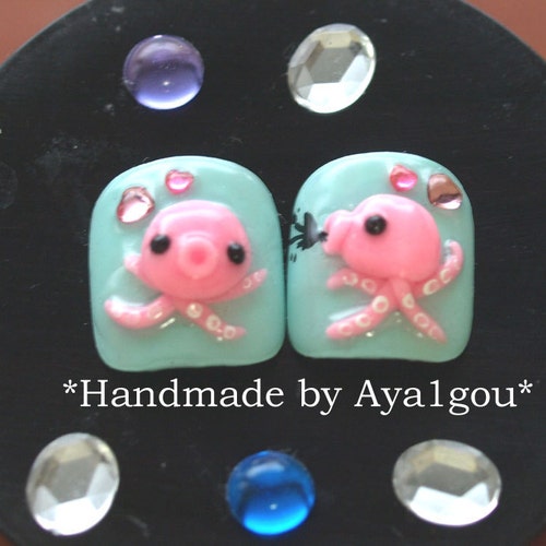 Octopus nails, kawaii nails, toe nails,  mint nails, squid, whimsical, unique nail, 3D nail,  tentacle, nautical, Japanese nail, animal nail
