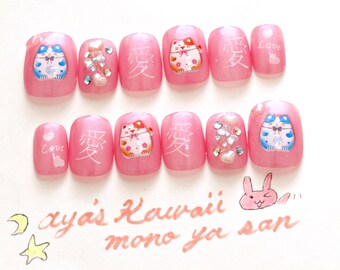 Pretty nail, cat nail, nail decal, pink nail, short nail, press on nail, acrylic nail, lucky cat, Japanese nail, nails, love, kanji, novelty