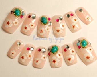 Boho, turquoise, flower nail, exotic, summer nail, nail gem, pretty nail, ethnic nail, beige, nudy color, sexy nail, Japanese nail art