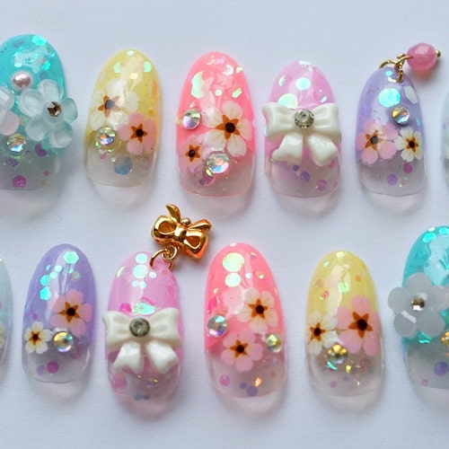 Kawaii nails, 3D nails, Japanese nail, nail art, spring nail, summer nail, deco nail, oval nail, pastel nails, floral nails, nail dangling