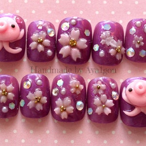 Nails, octopus, squid, 3D nails, short nail, sakura, cherry blossom, Japanese, nail art, nail set, party nails, press on nails, Harajuku