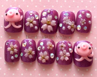 Nails, octopus, squid, 3D nails, short nail, sakura, cherry blossom, Japanese, nail art, nail set, party nails, press on nails, Harajuku