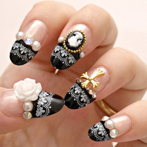 3D nails, gothic lolita, lolita nails, egl, Japanese nail art, press on nails, black french, cameo, rose, cross