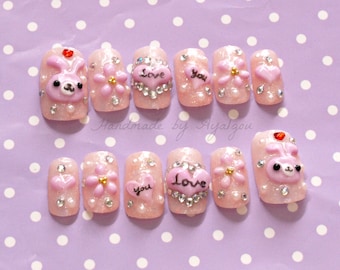 Bunny, fake nail, false nail, pink, bling, 3D nail, press on nail, glue on nail, heart, kawaii, deco nail, Japanese, bling, sweet lolita,