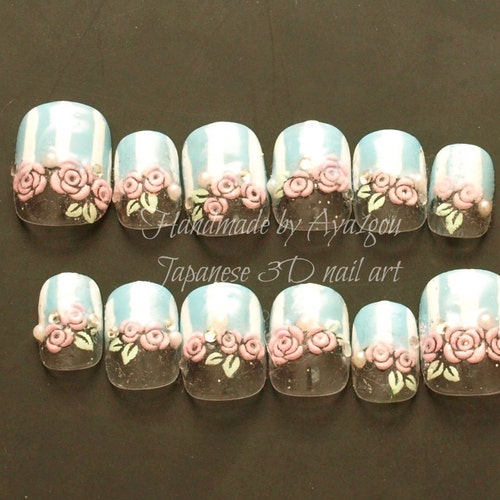 Fairy kei nail, 3D nail, Japanese nail, kawaii nail, sweet lolita, lolita accessory, Harajuku, short nails, nail set, blue nail, ongles