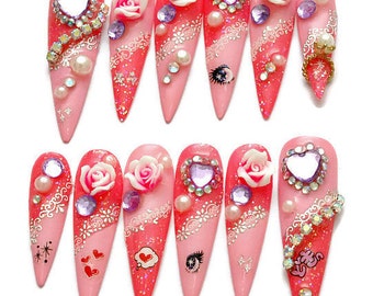 Stiletto nails, long nails, talons, claws, hime gyaru, Japanese 3D nail, photo shoot, party nails, bling, anime, gyaru nail, nail ring,