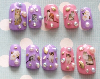 Fairy kei, pastel nails, cat nail, 3D nail, cats, nail decal, Japanese nail, Harajuku, kawaii nail, gel nail, deco nail, sweet lolita,