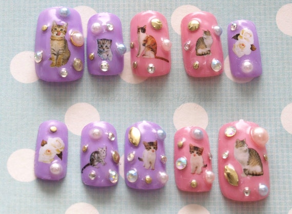 Fairy kei pastel nails cat nail 3D nail cats nail decal | Etsy