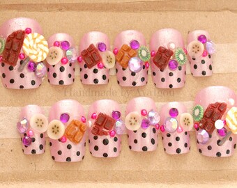 3D nails, kawaii nails, decoden, fake sweets, fairy kei, lolita, decora, harajuku, kyary, chocolate, lollipop, fruits, purple nails