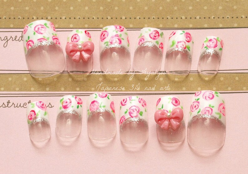 3D nails lolita kawaii white french tips floral print image 3