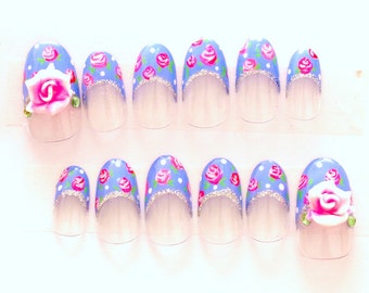 3D nail, blue nail, summer nail, rose, french nail, oval nail, deco nail, fancy nail, bridal nail, party nail, gothic and lolita, egl, nail