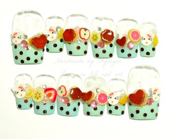 Pastel nail, fun nail art, Japanese 3D nail,  fake nails, mint nail, pudding, cute nail, kawaii, french tips, decoden, polka dot, fairy kei,