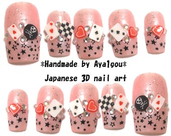 Alice in wonderland, false nail, press on nails, fake nails, pink nail, card game, stars, glittery, cute nails, Japanese nail, 3D nail,