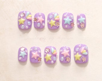 Short nails, pastel nail, kawaii nail, 3D nails, purple nail, lilac, shooting star, lolita accessory, sweet lolita, fairy kei, Japanese nail