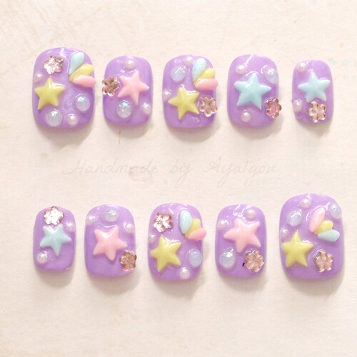 Short nails, pastel nail, kawaii nail, 3D nails, purple nail, lilac, shooting star, lolita accessory, sweet lolita, fairy kei, Japanese nail