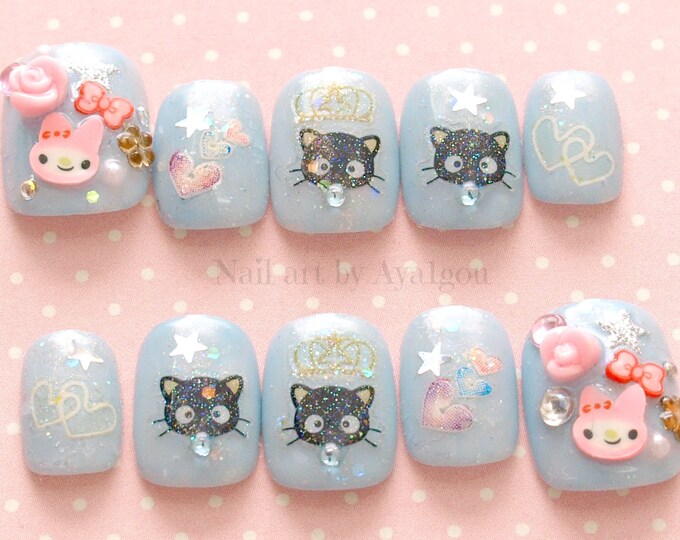 Kawaii Nails, Japanese 3D Nails, Pastel, Fairy Kei, Cats, Bunny, Blue, Pink, Deco Nails - Etsy