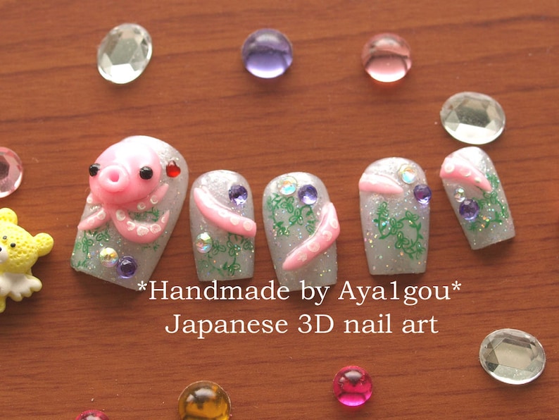 Octopus, squid, 3D nails, sea animal, nautical, kawaii nails, Japanese nail art, acrylic nail, glue on nail, cute nail, nail decal image 3