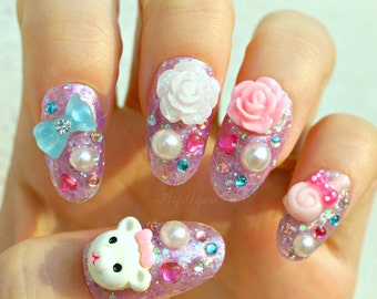 Pastel nail, deco nails, 3D nail, pastel, whimsical, teddy bear, lavender, glittery, Harajuku, over the top, kawaii nails, oval nails,