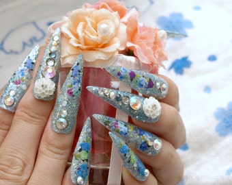 Stiletto nails, super long nails, bling, Japanese 3D nail, aqua blue, glittery, rose, floral, deco nails, rhinestones, frozen, princess,