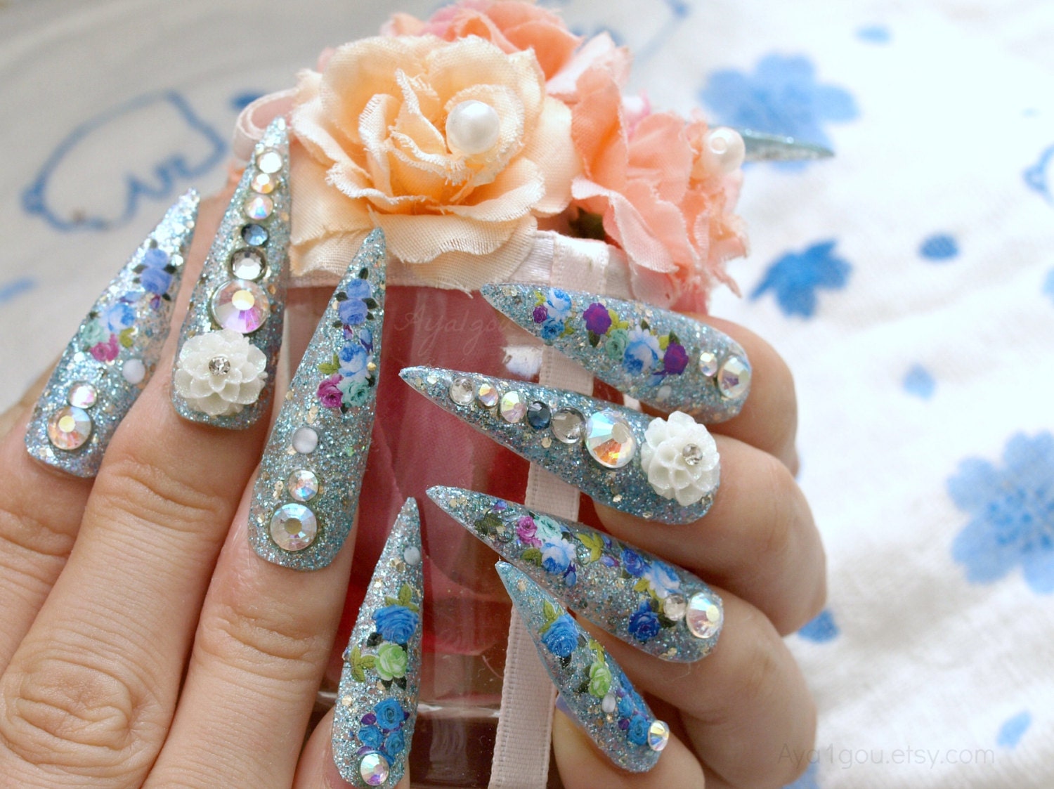 Extra Long Coffin Press On Nails, 3d Flower, Heart Rhinestone