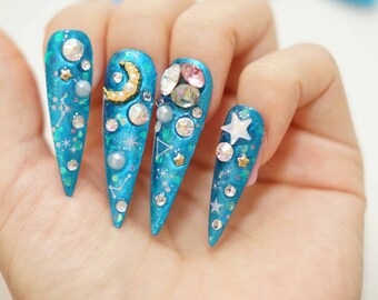 Stiletto nails, long nails, constellation, drag nails, metallic nails, drag queen, Japanese 3D nails, galaxy makeup, summer nails,