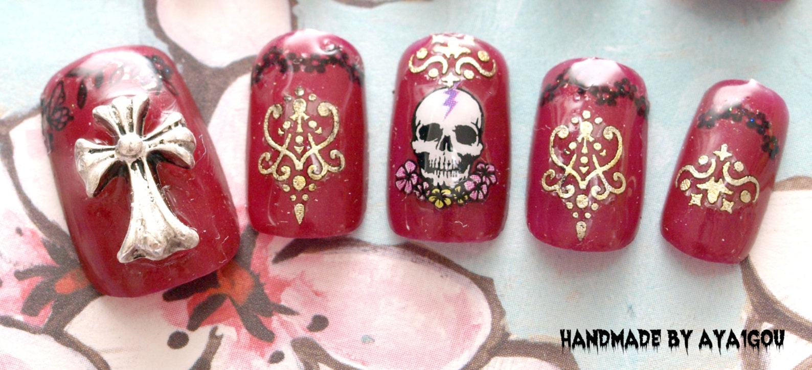 Goth Nail Dark Red Skull Cool Nail Egl Punk Fake Nails - Etsy