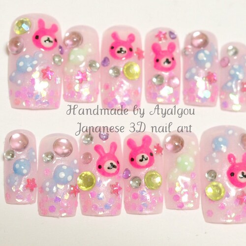 Long nail, 3D nail, Japanese, kawaii, rabbit, bunny, candy, glitter, pink, decoden, fake sweets, lolita accessory, cute nail, deco nail