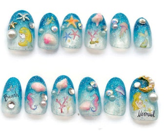 Mermaid, Japanese nail, 3D nails, seahorse, starfish, kawaii nails, blue nail, deco nails, sea, marine, nautical, alternative,