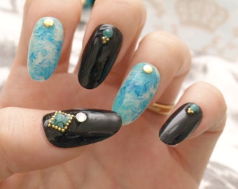 Turquoise nails, marble, black, oval nail, gel nail, acrylic nail, nail gem, neo gyaru, Japanese fashion, summer nail art, alternative