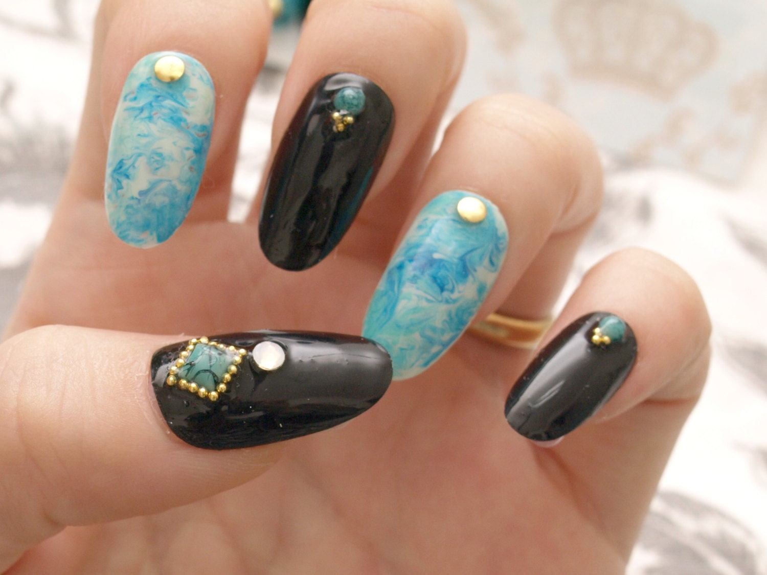 Turquoise Nails Marble Black Oval Nail Gel Nail Acrylic - Etsy