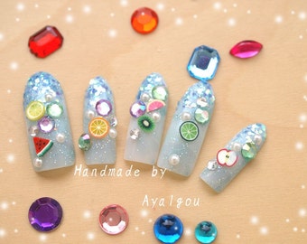 Long nails, stiletto, glittery, summer nail, Japanese 3D nail, fimo nail, fruit nail, blue nail, aqua blue, watermelon, lemon, lime, kiwi