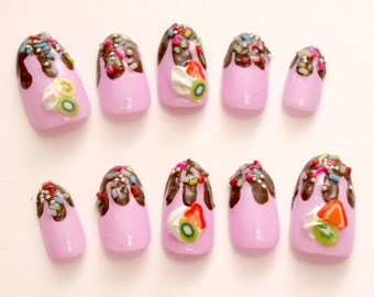 Chocolate drip nails, sprinkle, fake sweets, Harajuku, Japanese 3D nails, cute nail, pink, fruit, miniature food, false nails, oval nails,