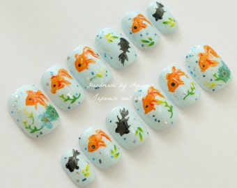 Japanese nail, aqua blue, goldfish, koi fish, aquarium, sea, short nail, hand painted, Japanese art, cute nail, fake nail, kimono, asian,